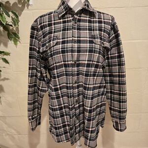 Jachs Mens Large Grey & Black Plaid Cotton Button-Up Long Sleeve Shirt Flannel.